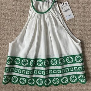 NWT Zara White Halter Top with Green Embroidery